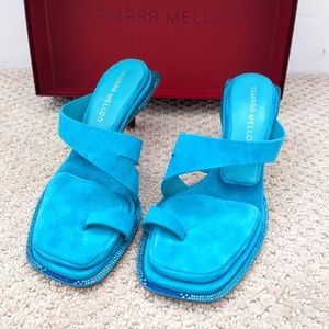 Tamara Mellon Teal Astra Suede Heeled Sandals - 35.5